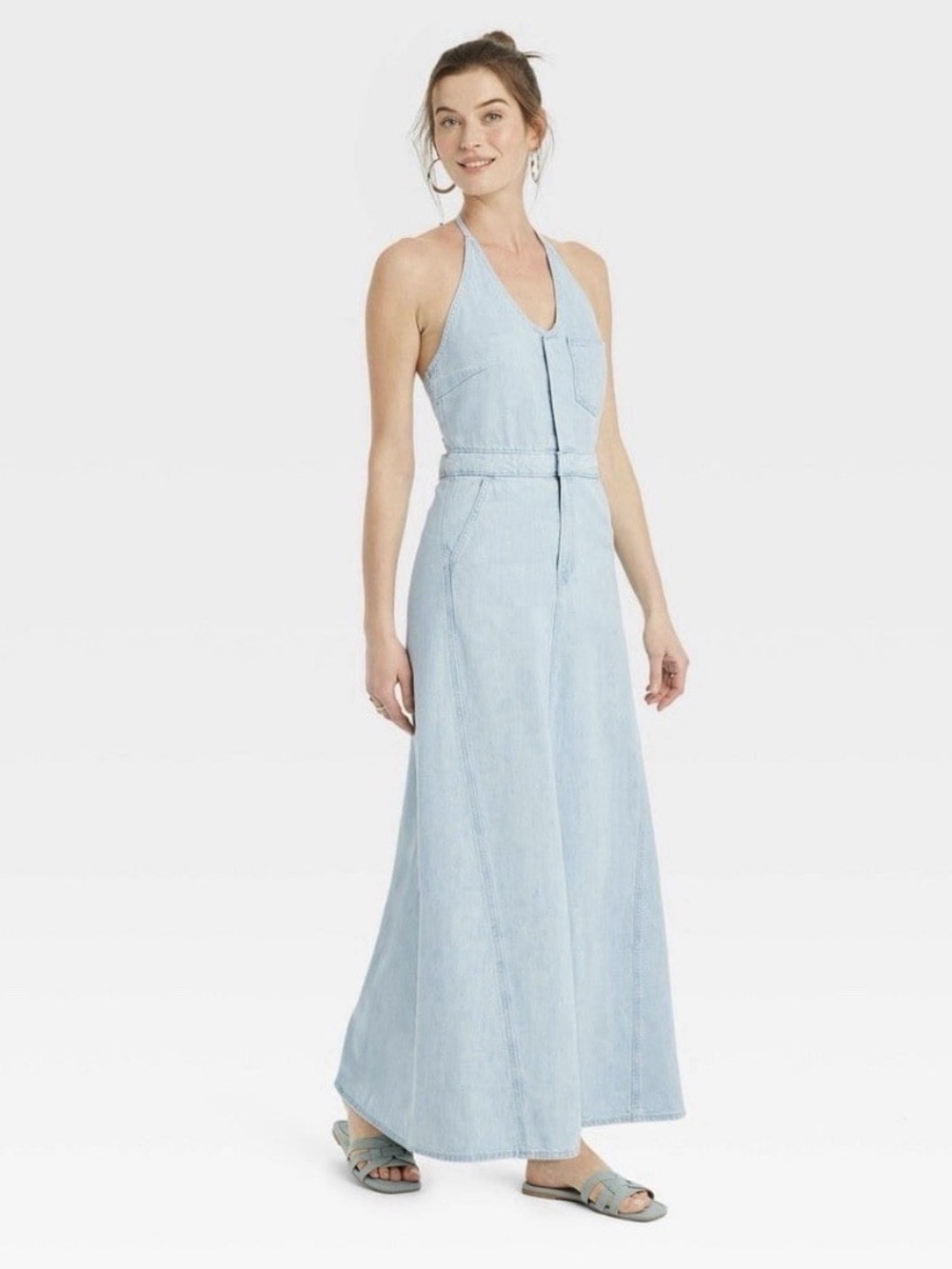 Universal Thread Light Blue Denim Halter Maxi Dress